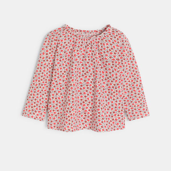 بلوزة مرسوم عليها أزهار وفاكهة، حمراء اللون، للطفلة الصغيرة